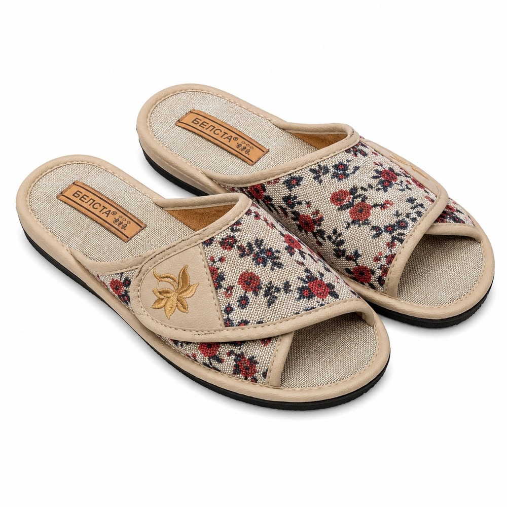 Floral Linen Open Toe Slippers Womens Size 40‎ Hook & Loop House Slides